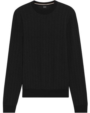 BOSS Herringbone Crew Neck Knit Jumper - Black