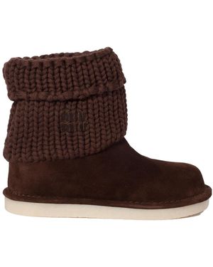 Miu Miu Suede And Knit Booties - Brown