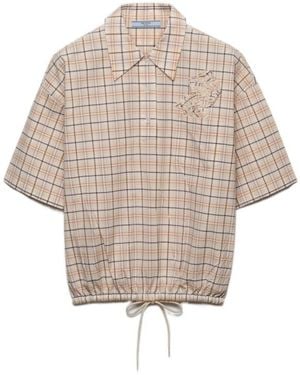 Prada Embroidered Checked Poplin Top - Natural