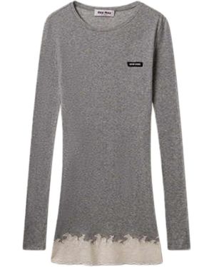 Miu Miu Ribbed Jersey And Lace Dress - Grey