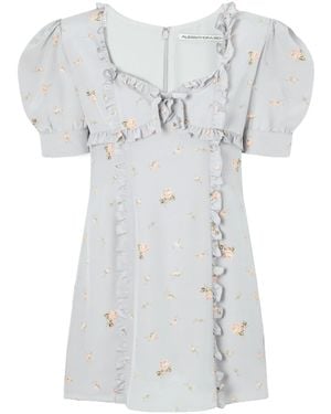 Alessandra Rich Floral-Print Ruffle-Trim Silk-Crepe Mini Dress - White