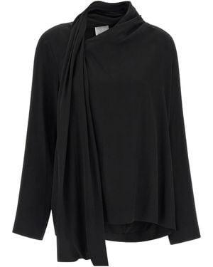Nude Draped-Panel Asymmetrical Blouse - Black