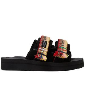 Lanvin Woven Fringed Logo Patch Slides - Black