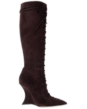 Paris Texas Suede Lace-Up Wedge Knee Boots - Brown