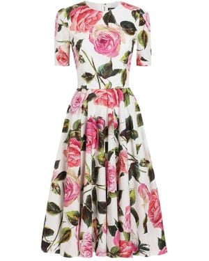 Dolce & Gabbana Midi Dress With Floral Print And Flared Skirt - White