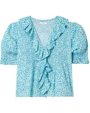 Doen Ruffled Pintucked Floral-Print Voile Top - Blue