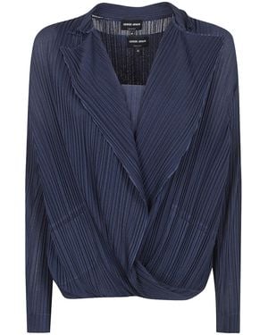 Giorgio Armani Pleated Draped V-Neck Top - Blue