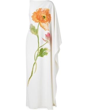 Carolina Herrera One-Sleeve Draped Floral-Print Crepe Gown - White