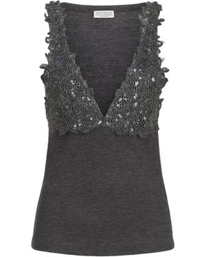 Brunello Cucinelli Ribbed Wool Jersey Top With Dazzling Lace Embroidery - Gray