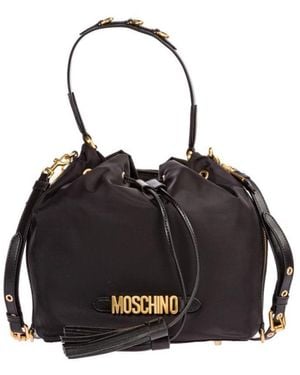 Moschino Logo Plaque Drawstring Bucket Bag - Black