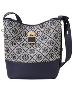 Tory Burch T Monogram Leather-Trim Bucket Bag - Blue