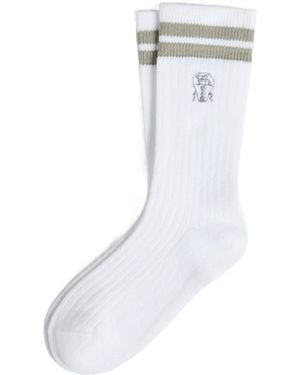 Brunello Cucinelli Striped Logo Ribbed Socks - White
