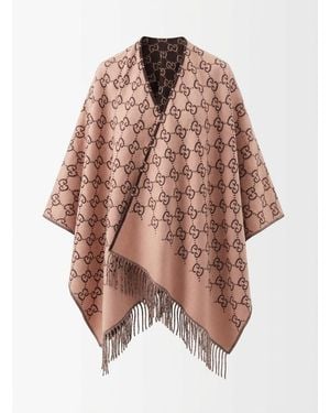 Gucci Gg Monogram Fringed Reversible Cape - Brown