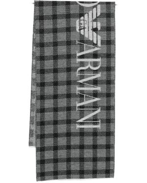 Emporio Armani Check-Pattern Logo Scarf - Gray