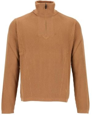 Emporio Armani Half Zip Ribbed Knitted Jumper - Brown