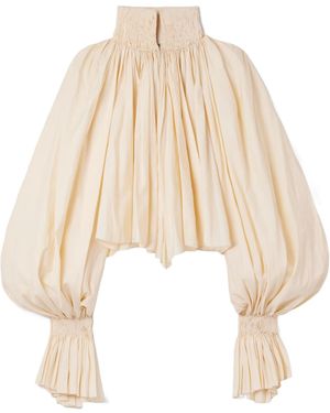 KHAITE Durer Smocked Puff-Sleeve Crop Top - Natural