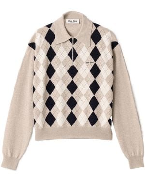 Miu Miu Cashmere Argyle Polo Jumper - Natural
