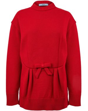 Prada Mock Neck Waist-Cinched Knit Jumper - Red