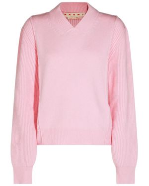 Marni Ribbed V-Neck Ribbed Jumper - Pink