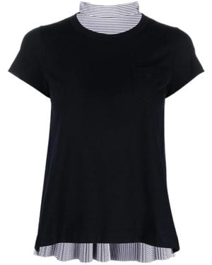Sacai Stripe Detailed Pleated T-Shirt - Black