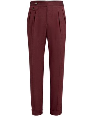 Brunello Cucinelli Linen And Virgin Wool Chevron Pants With Double Pleats And Waist Tabs - Red