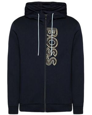 BOSS Logo Embroidered Zipper Hooded Casual Coat - Blue