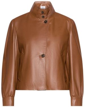 Marella Button-Front Leather Jacket - Brown