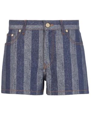 Fendi Logo Embroidered Striped Denim Shorts - Blue