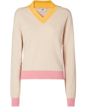 Fendi Logo Detailed V-Neck Jumper - Natural