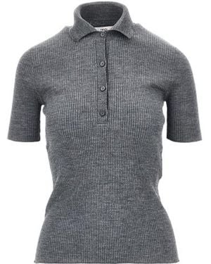 Fendi Ribbed-Knit Short-Sleeve Polo Shirt - Gray
