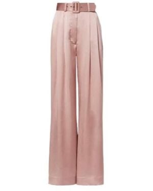 Zimmermann Belted Pleated Silk Satin Wide-Leg Pants - Pink