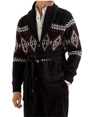 Brunello Cucinelli Geometric-Jacquard Belted Cardigan - Black
