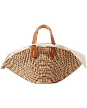 Muuñ Mini Leather-Trimmed Raffia Tote - Brown