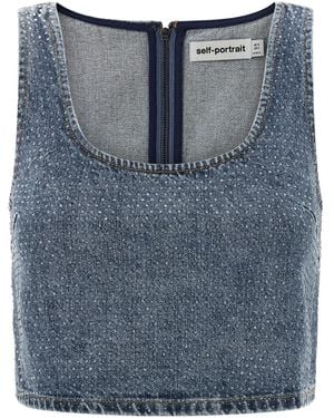 Self-Portrait Embellished Denim Cropped Top - Blue