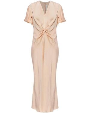 Victoria Beckham Gathered V-Neck Long Dress - Natural