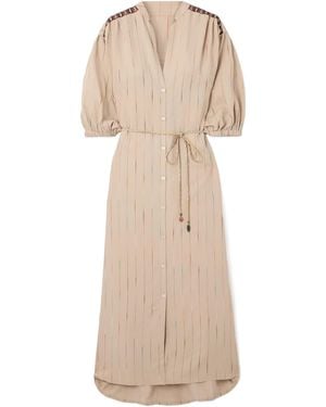 Fortela Belted Appliquéd Embroidered Woven Midi Dress - Natural