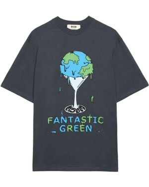 MSGM Graphic-Print Cotton T-Shirt - Blue