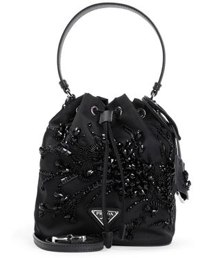 Prada Re-Nylon Logo Plaque Bucket Bag - Black