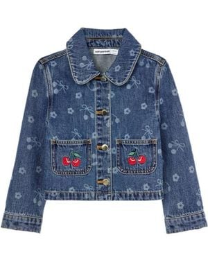 Self-Portrait Denim Cherry Bow Printed Jacket - Blue