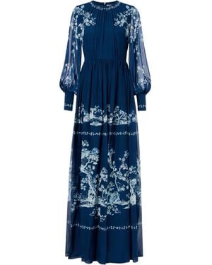 Erdem Floral Ruched Silk Gown - Blue