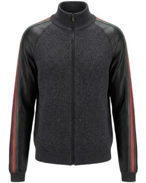 Gucci Fine Rib Wool Zip Jacket With Web - Black