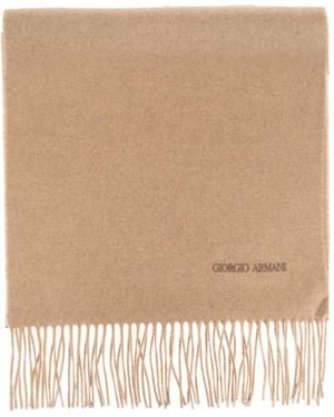 Giorgio Armani Logo Embroidered Fringed Scarf - Natural