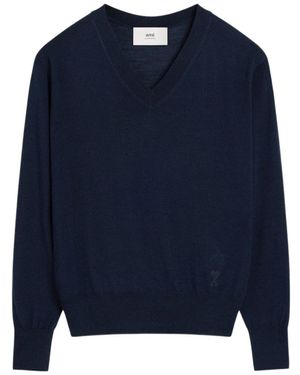 Ami Paris Wool V-Neck Sweater - Blue