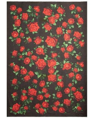Dolce & Gabbana Rose Print Fringed Scarf - Black