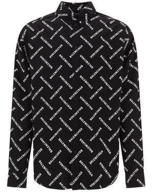 Balenciaga Allover Logo Printed Long-Sleeved Shirt - Black