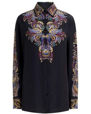 Etro Silk Shirt With Placed Paisley Foliage Print - Black