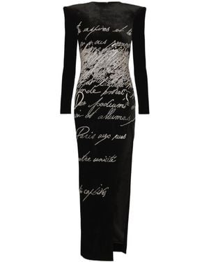 Balmain Long-Sleeve Love Letter Embroidered Slit Maxi Dress - Black