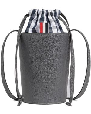 Thom Browne Mini Drawstring-Top Leather Bucket Bag - Grey