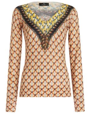 Etro Floral-Printed Crewneck Knitted Top - Brown
