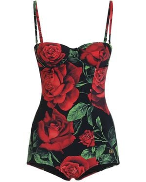 Dolce & Gabbana Rose-Print Balconette One-Piece Swimsuit - Red